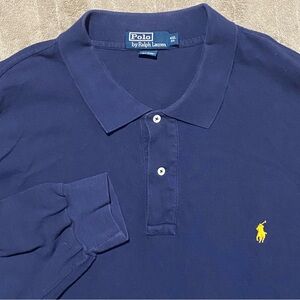 VTG Ralph Lauren Mens 4XB Big Navy Blue Polo Shirt Long Sleeve Logo Yellow Pony